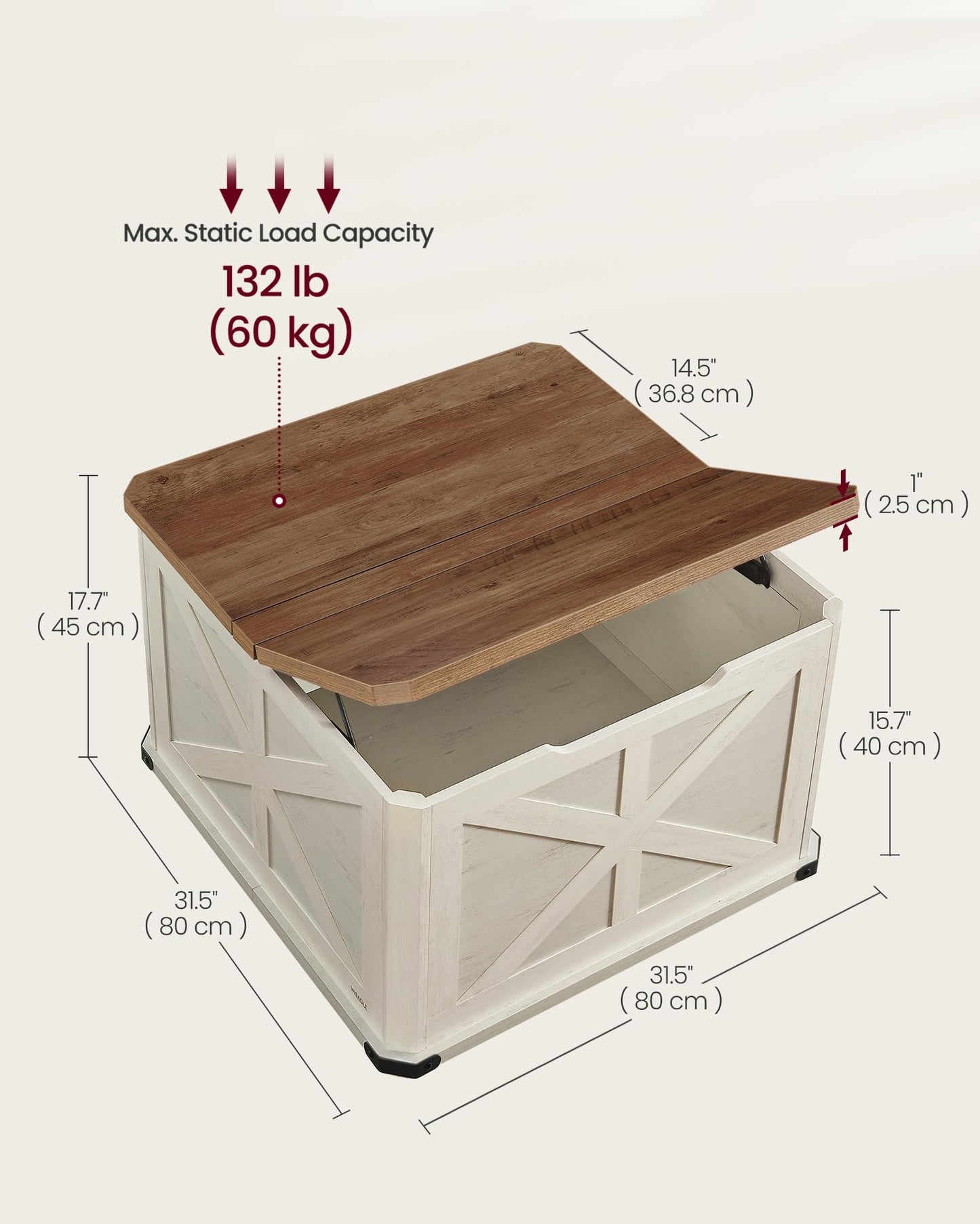 VASAGLE Farmhouse Coffee Table with Storage, Square Coffee Table for Living Room, Center Table with Flip-Top Lids, Honey Brown and Rustic White ULCT232W73