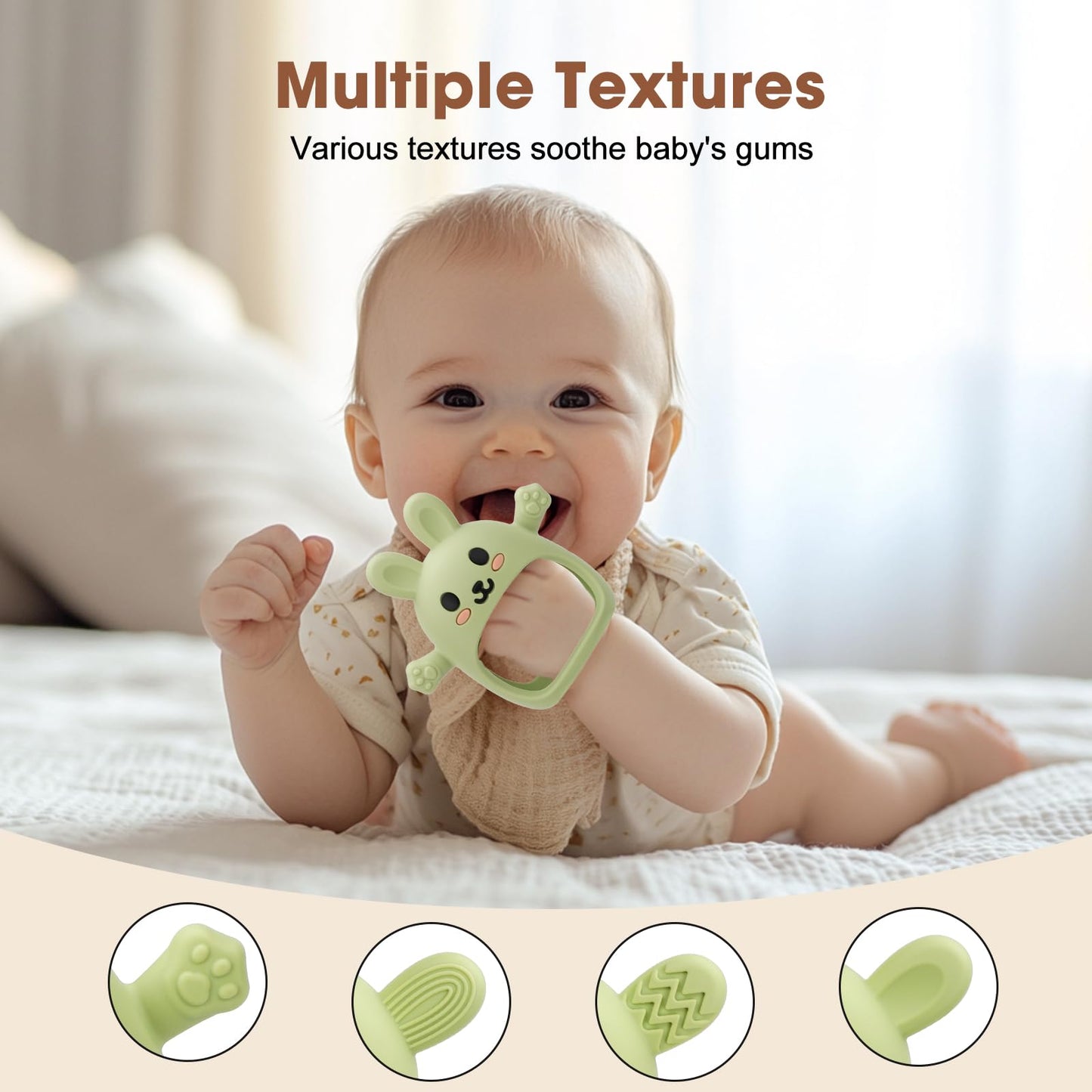 2 Pack Baby Teething Toy for 3-6 6-12 Months, Silicone Bunny Teething Mitten, Anti Drop Wrist Hand Baby Teethers 0 3 6 9 12 Months for Babies Sucking Needs (Light Pink & Green)