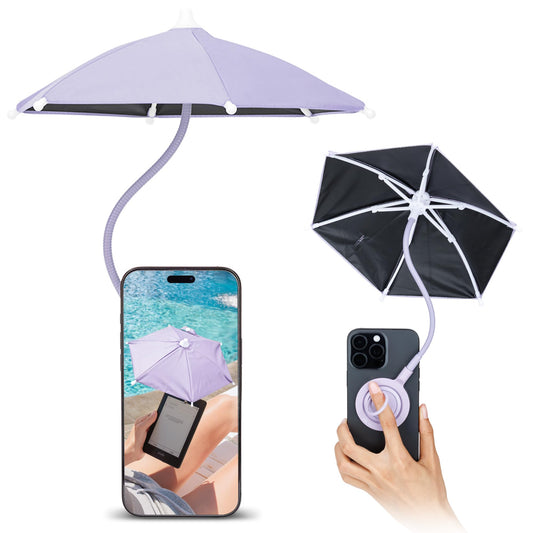 UPF 45+ Magnetic Phone Umbrella with Black Anti-UV Coating,Mini Tanning Phone Sun Shade Shield for Magsafe iPhone 16 15 14 Pro Max Android Kindle Outdoor Beach Pool Anti-Glare Anti-Reflect - Purple