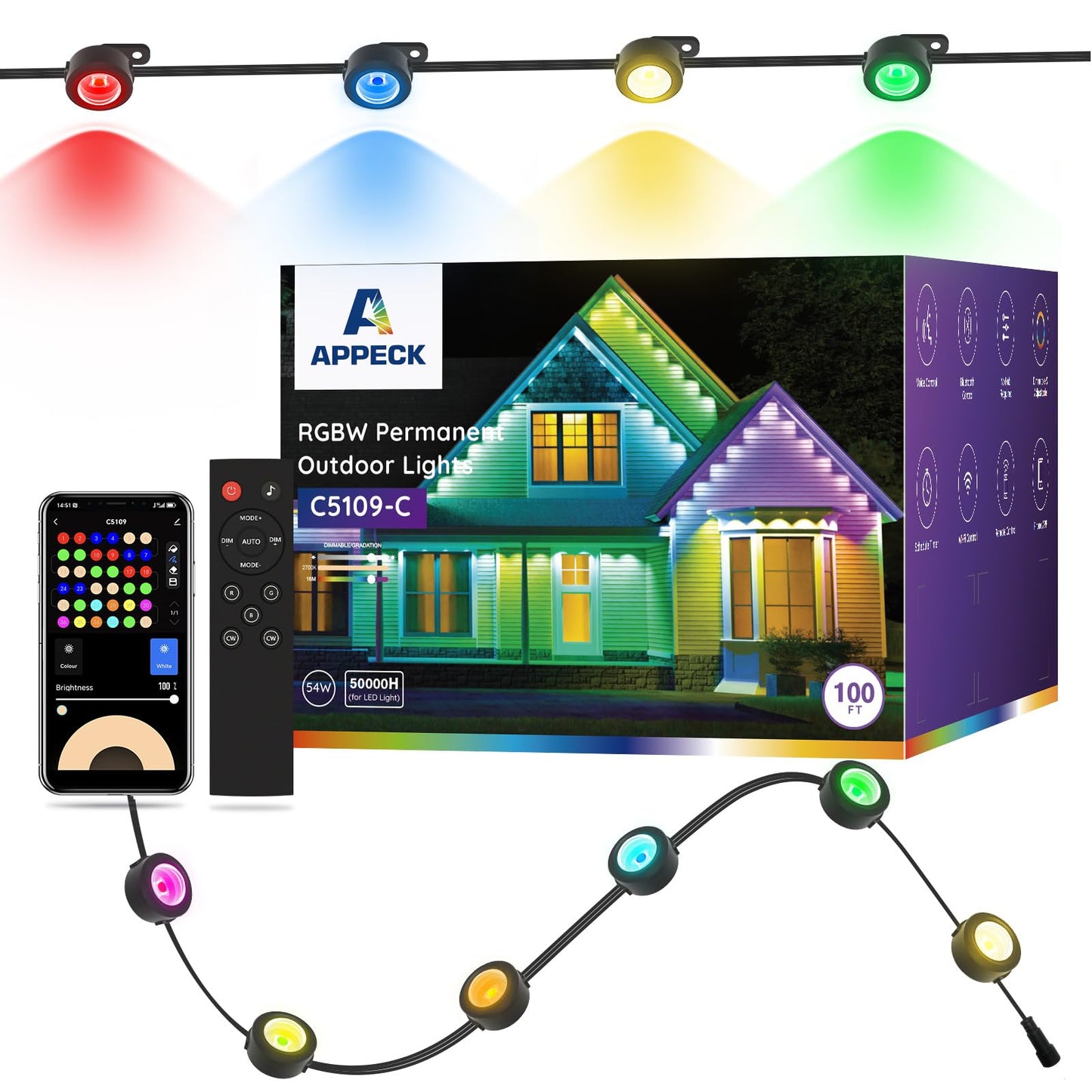 APPECK Permanent Outdoor Lights 100ft with 72 LEDs, DIY Scene Modes, Smart RGBW String Lights Waterproof, App & Remote Control for Christmas, Holidays, Compatible with Alexa, Google, Black