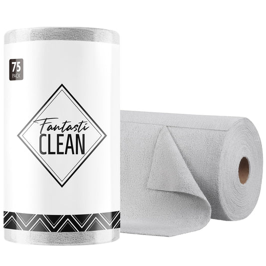 Fantasticlean Microfiber Cleaning Cloth Roll -75 Pack, Tear Away Microfiber Towels, 12" x 12", Reusable, Washable, Scratch Free, Ultra Absorbent Dish Rags for Car, Home, Garage or Shop (Grey)