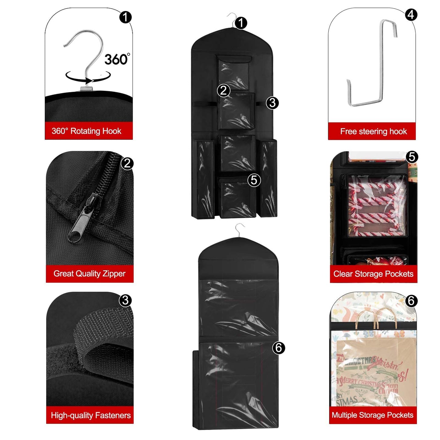 Woodoulogy Hanging Gift Wrapping Paper Storage, 40"X17" Black Double-Sided Christmas Wrapper Bag Container, Oxford Craft Roll Organizer, Present Wrap Holder for Bedroom Closet, Door, Cabinet