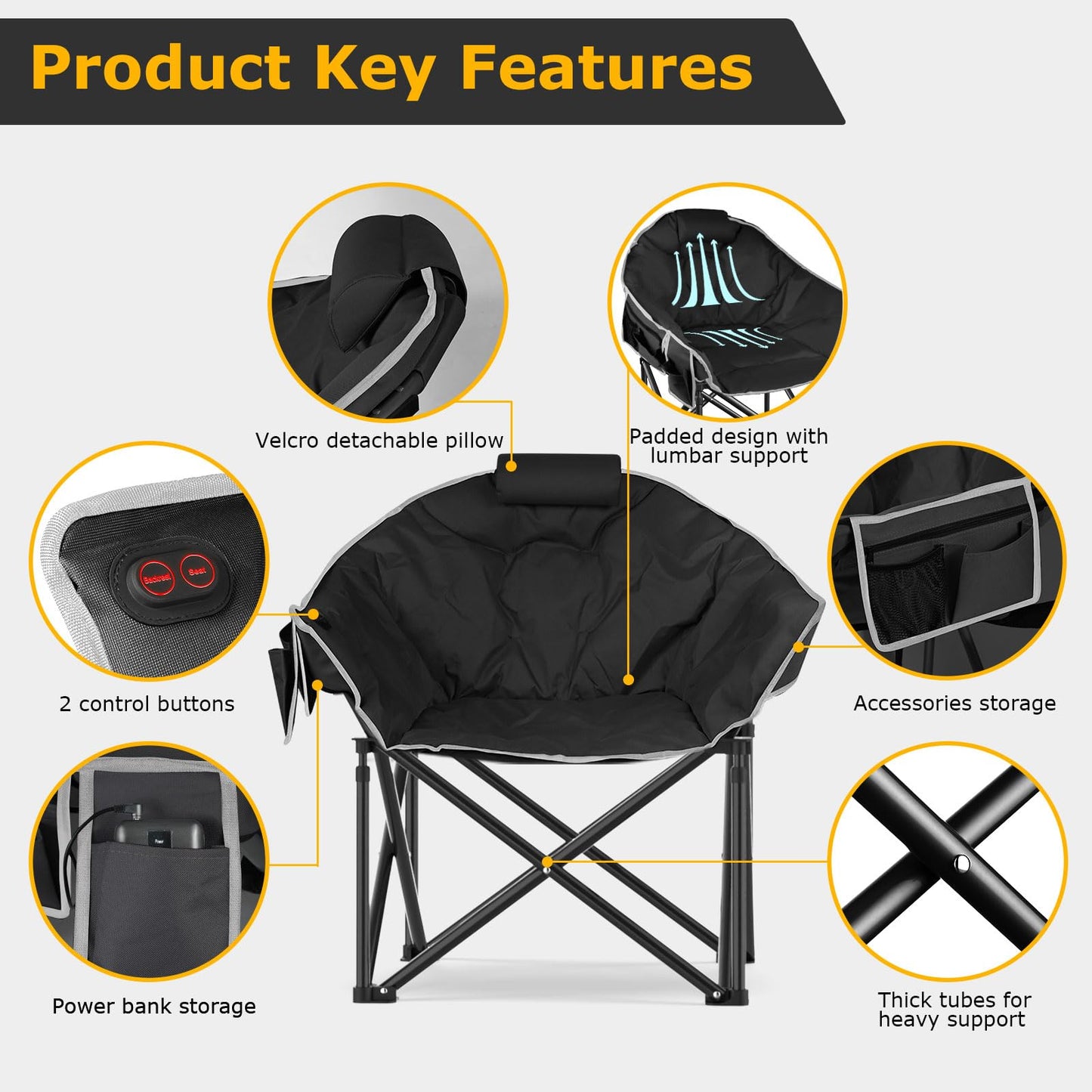 ZENPETIO Heated Camping Chair, Oversized Heated Chair for Adults Outdoor Sports, Dual Heating Zones with 3 Levels, Portable Folding Heated Chairs for Camp, Sports, Lawn with 20000mAh Battery