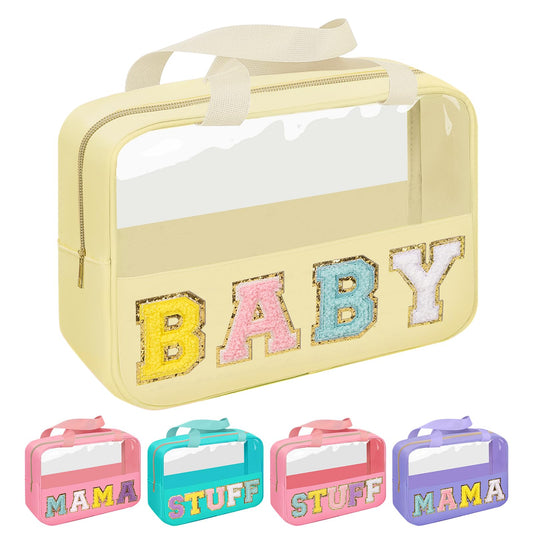 Iqimott Chenille Letter Patch Baby Bag, Preppy Clear Makeup Cosmetic Bag Large Toiletry Storage Tote Bag with Handle, Transparent Nylon Waterproof Organizer Zipper Pouch for Travel Women Girls(Beige)