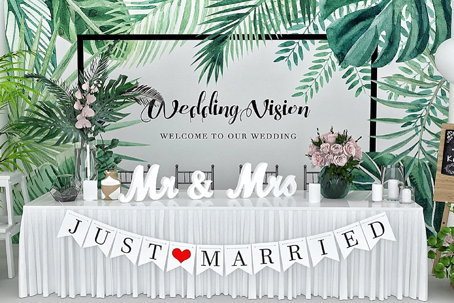 VIOPVERY Mr and Mrs Sign for Wedding Table,Large White Mr and Mrs Sign,Wooden Letters,Mr & Miss Sign with Just Married Banner Wedding Decorations for Anniversary