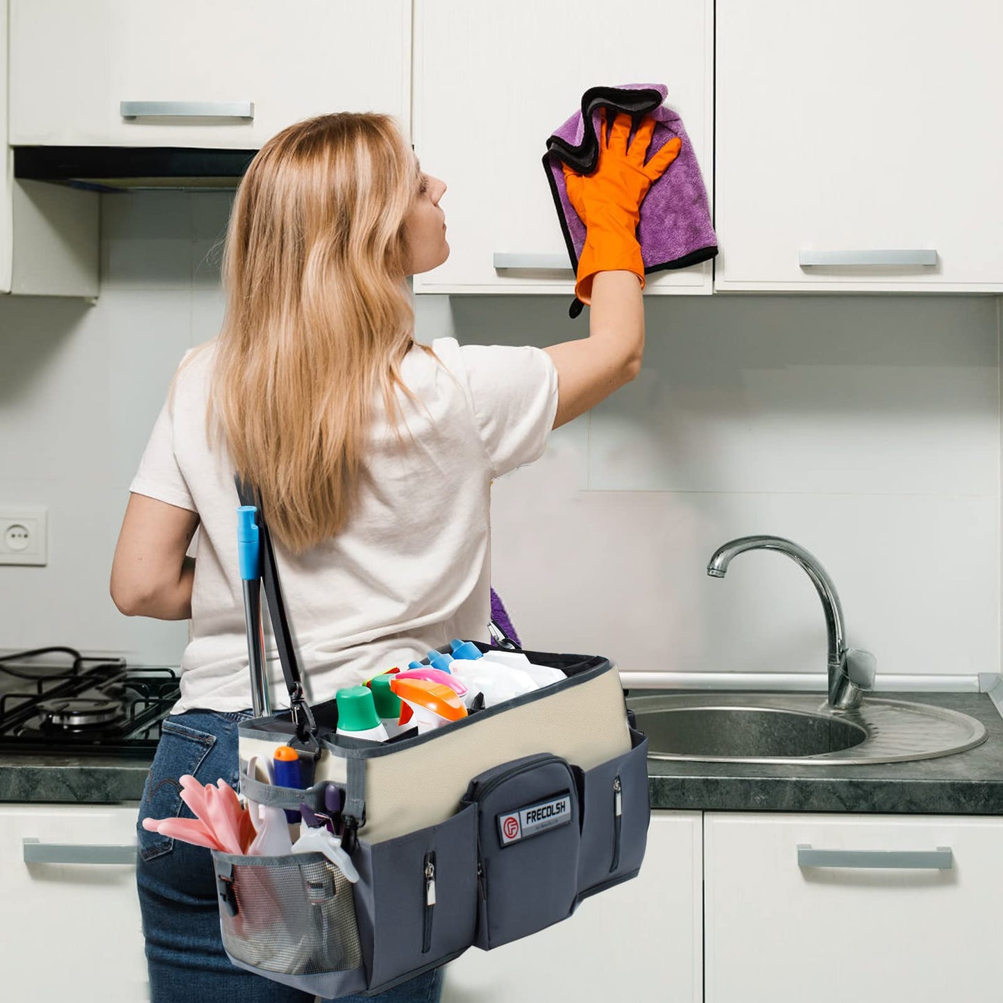 FRECOLSH Large Cleaning Supplies Organizer-Cleaning Caddy Organizer With Handles & Shoulder Strap-Cleaning Bags for Cleaning Suppliers-Housekeepers Wearable Cleaning Tote Upgraded