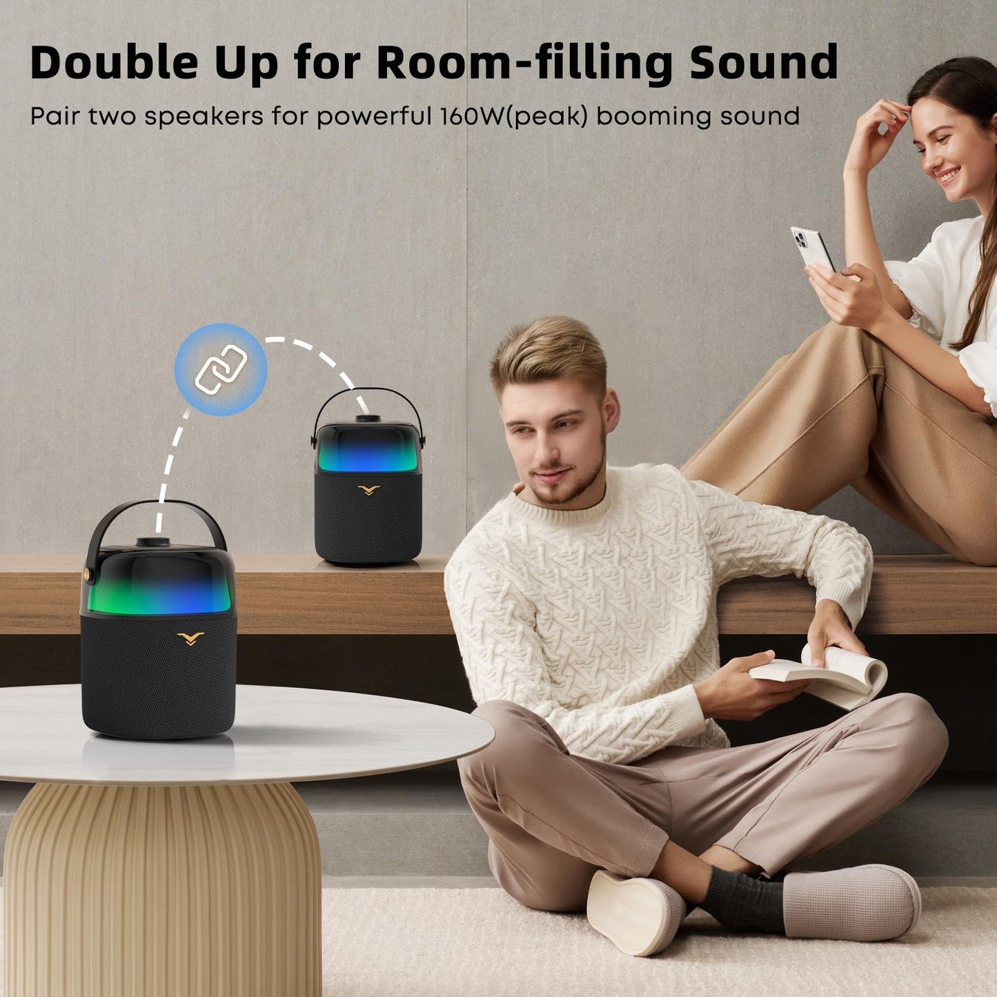 Bluetooth Speakers, 50W(80W Peak) Portable Wireless Speaker with 360-degree LED Light Show, Loud Stereo Sound with Active Bass & Treble, IPX5 Waterproof Speaker for Outdoor, Home Party, Camping, Beach