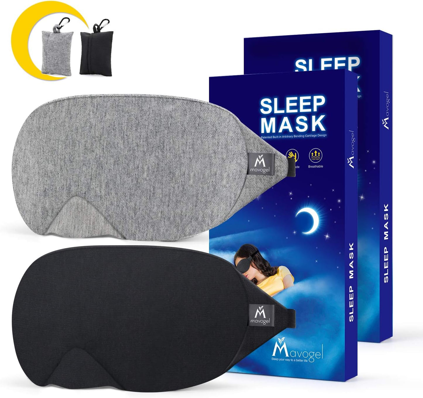 Mavogel Cotton Sleep Mask - Updated Design Light Blocking Sleep Mask, Soft and Comfortable Eye Blindfold for Men Women, Eye Mask for Sleeping/Shift Work, Includes Travel Pouch, Grey & Black