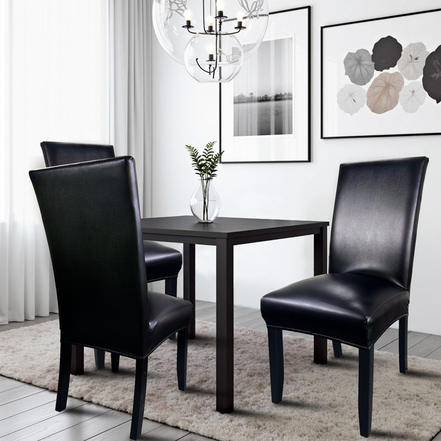Pu Leather Dining Chair Covers set of 4, Waterproof Kitchen Chair Covers for Protecting Chairs from Stain/Scratch, Soft & Elastic Parsons Chair Slipcover Well-Fitted for Dinning Room(Black, 4Pcs)