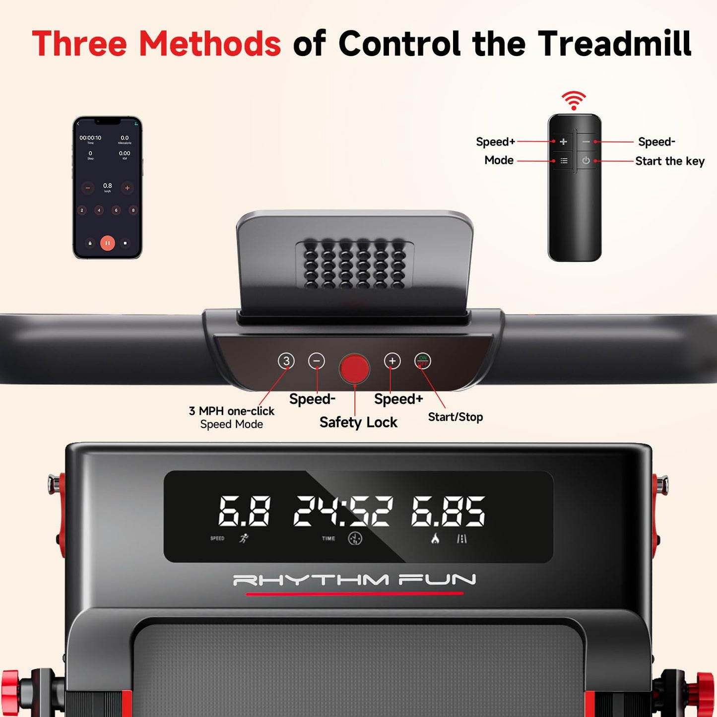 RHYTHM FUN Treadmill with Incline, Walking Pad Treadmill with Handle Bar, Walking Pad with Incline 300lbs Foldable Treadmills with APP, Portable Folding Treadmills for Home/Office with Low Noise