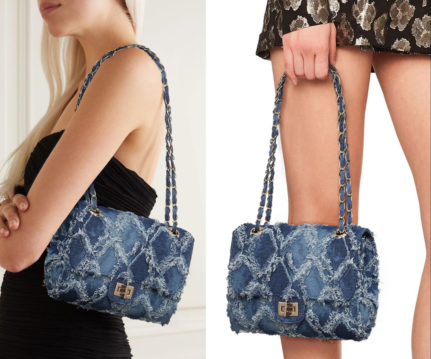 MKP Women Small Shoulder Bags Quilted Crossbody Distressed Jean Denim Purse Evening Bag Clutch Handbag with Chain Strap