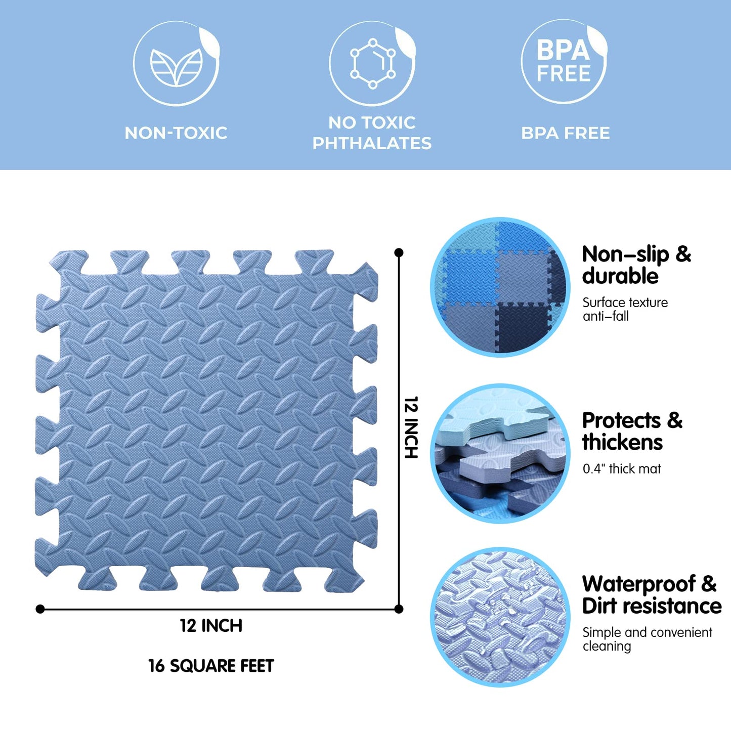 Tamiplay 16 Tiles Foam Play Mat for Baby, Soft & Safe EVA Foam Mats for Floor, Square Baby Play Mat, Kids Foam Puzzle Floor Mat, 47x47 Play Mat for Playpen(Dark Blue/Gray Blue/Light Blue/Blue)