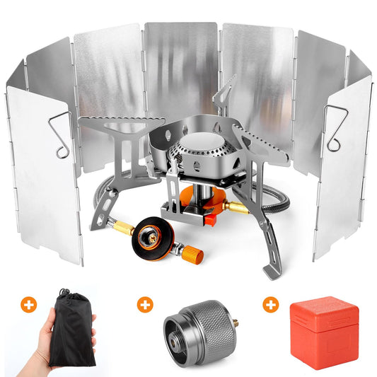 Odoland 3500W/6800W Windproof Camp Stove Camping Gas Stove with Windscreen, Fuel Canister Adapter, Piezo Ignition for Outdoor Backpacking Hiking and Picnic