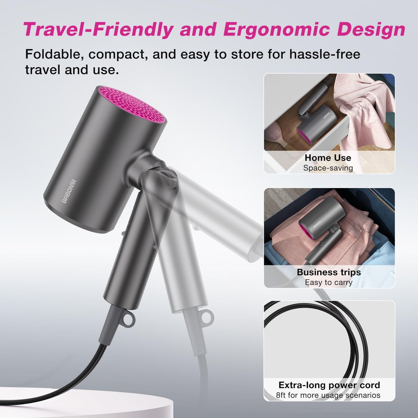 BABONIR Diffuser Hair Dryer, 1875W Fast-Drying, Foldable, Ionic Turbo Blow Dryer with Diffuser & Concentrator Nozzle, Compact, 3 Heat & 2 Speed Settings, 8FT Cord for Home Salon, Gray