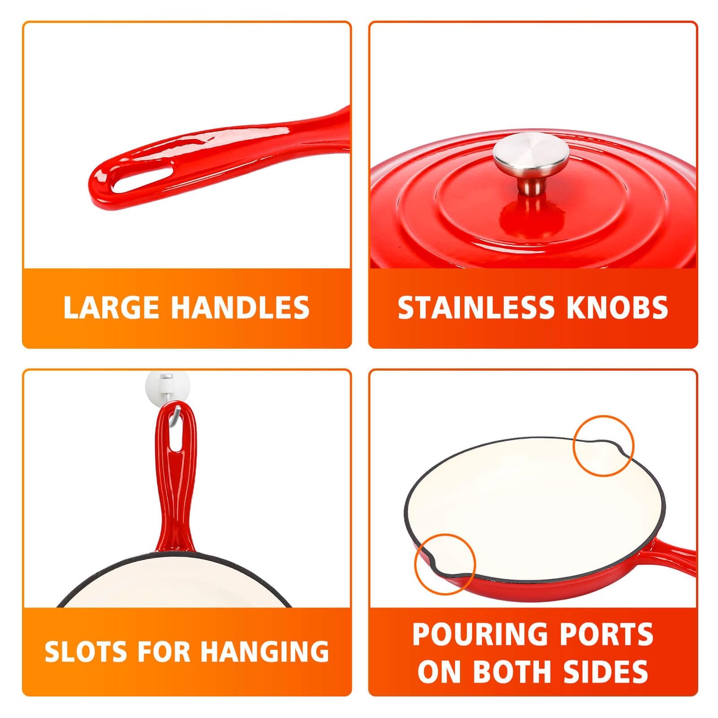 Hisencn Enameled Cast Iron Cookware Set - 5 Piece Set of Dutch Oven, Sauce Pan, Skillet, 2 Lids, Dutch Oven Set, Ceramic Coated Cast Iron, Heavy Duty, Gas/Induction Compatible, PFA Free, Rouge Red