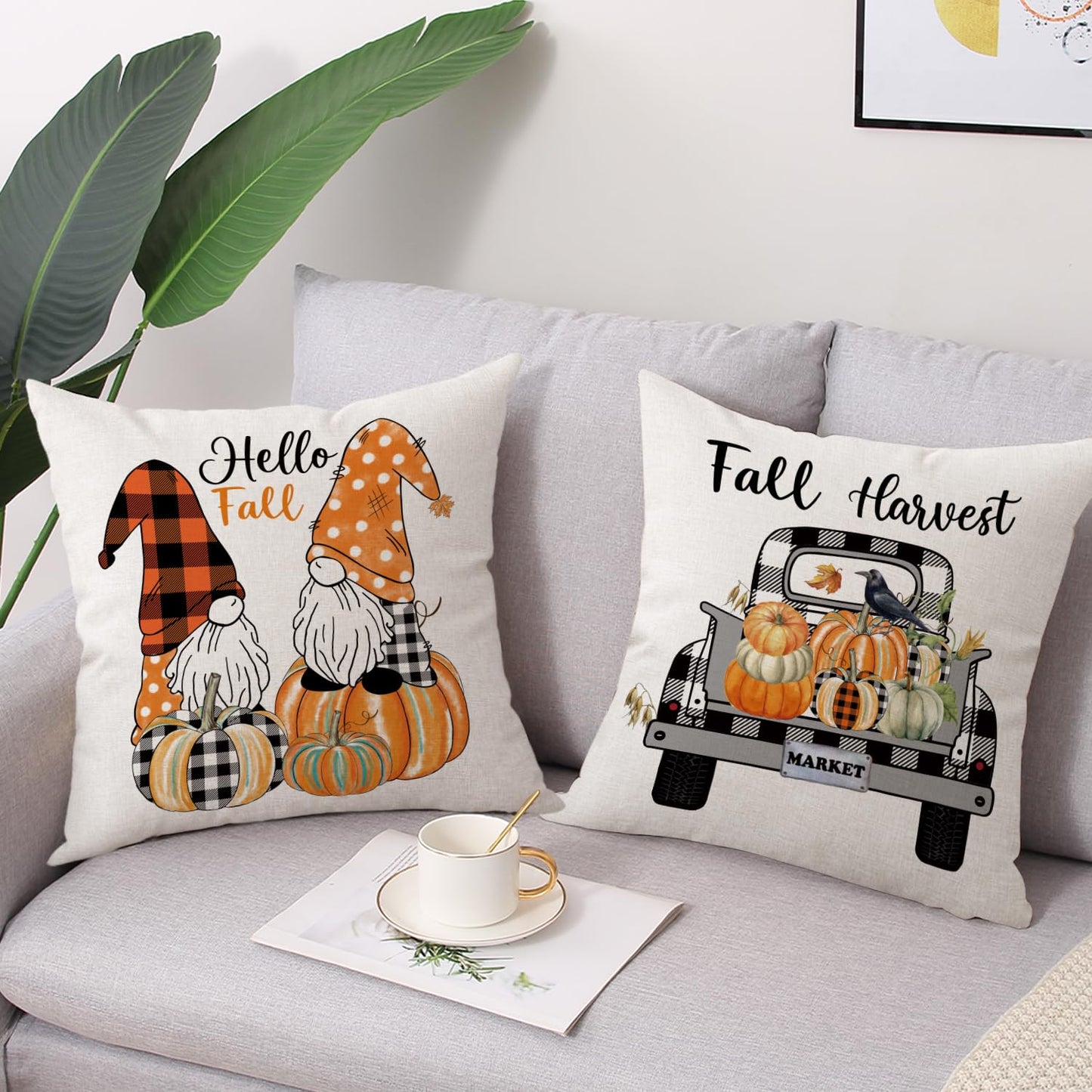 Gujiahone Fall Decor Pillow Covers 18x18 Inch Set of 4 Buffalo Check Plaid Pumpkins Gnomes Truck Hello Fall Farmhouse Decorative Thanksgiving Home Autumn Cushion Covers for Couch