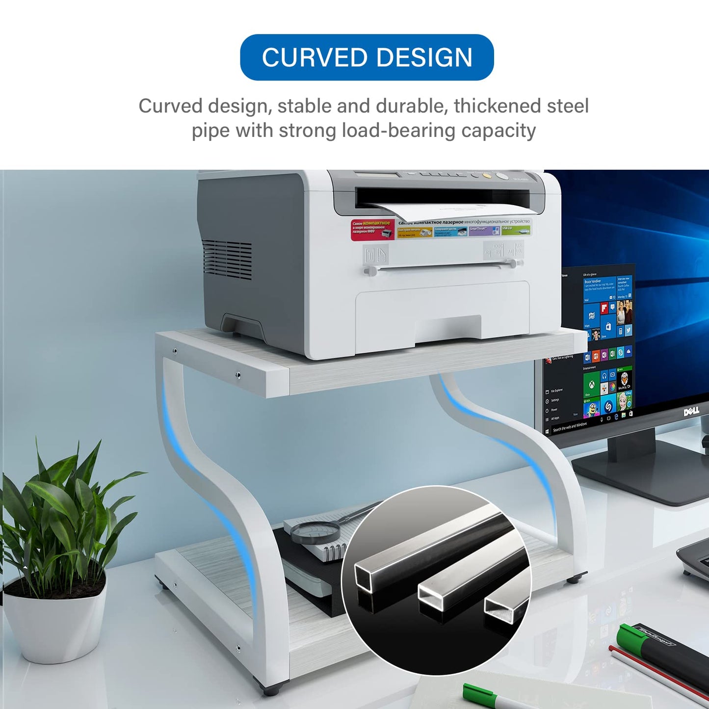 PUNCIA 2 Tiers Wood White Home Office Desktop Printer Stand Laser Printer Copier Stand with Storage Tabletop Heavy Duty Rack Desk Organizer Shelf Dual for Small Space Double Tiers Tray