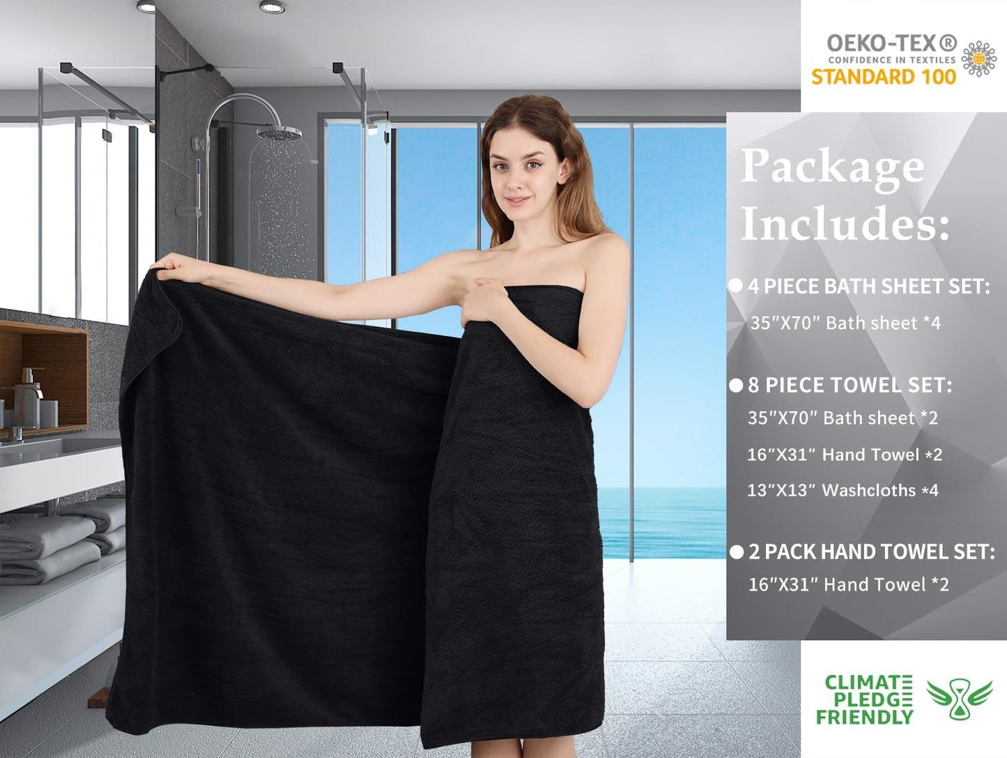 Jessy Home Black 8 Piece Bath Towel Set |2 Oversized Large Bath Sheet,2 Hand Towels,4 Washcloths| Soft Luxury Towel Set for Bathroom Hotel,Highly Absorbent Quick Dry 600GSM Bathroom Towel Collections