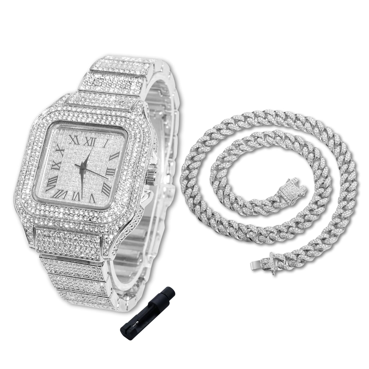 Halukakah Diamonds Watch Iced Out for Boy Teens Kids - Platinum Plated,40mm Square Dial,Japanese Quartz - 8" Length - Comes with Cuban Chain 16",with Watch Adjuster Tool - for Birthday,Parties