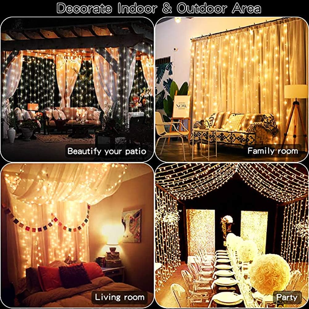 300 LED Curtain String Lights, Fairy String Lights with 8 Light Modes & Remote Controlled, 9.8x9.8ft Indoor Outdoor String Lights for Christmas, Weddings, Party, Bedroom, Wall, Window (Warm White)