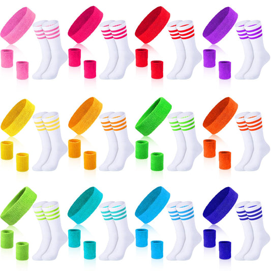 Hillban 80s Neon Sweatbands Wristband and Socks 80s Accessories for Women Men Neon Headband Workout Outfit