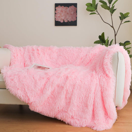Pink Faux Fur Throw Blanket, 50" x 60" Fluffy Shaggy Plush Decorative Couch Blanket, Cute Furry Throw for Kids, Women, Men, Teen Girls