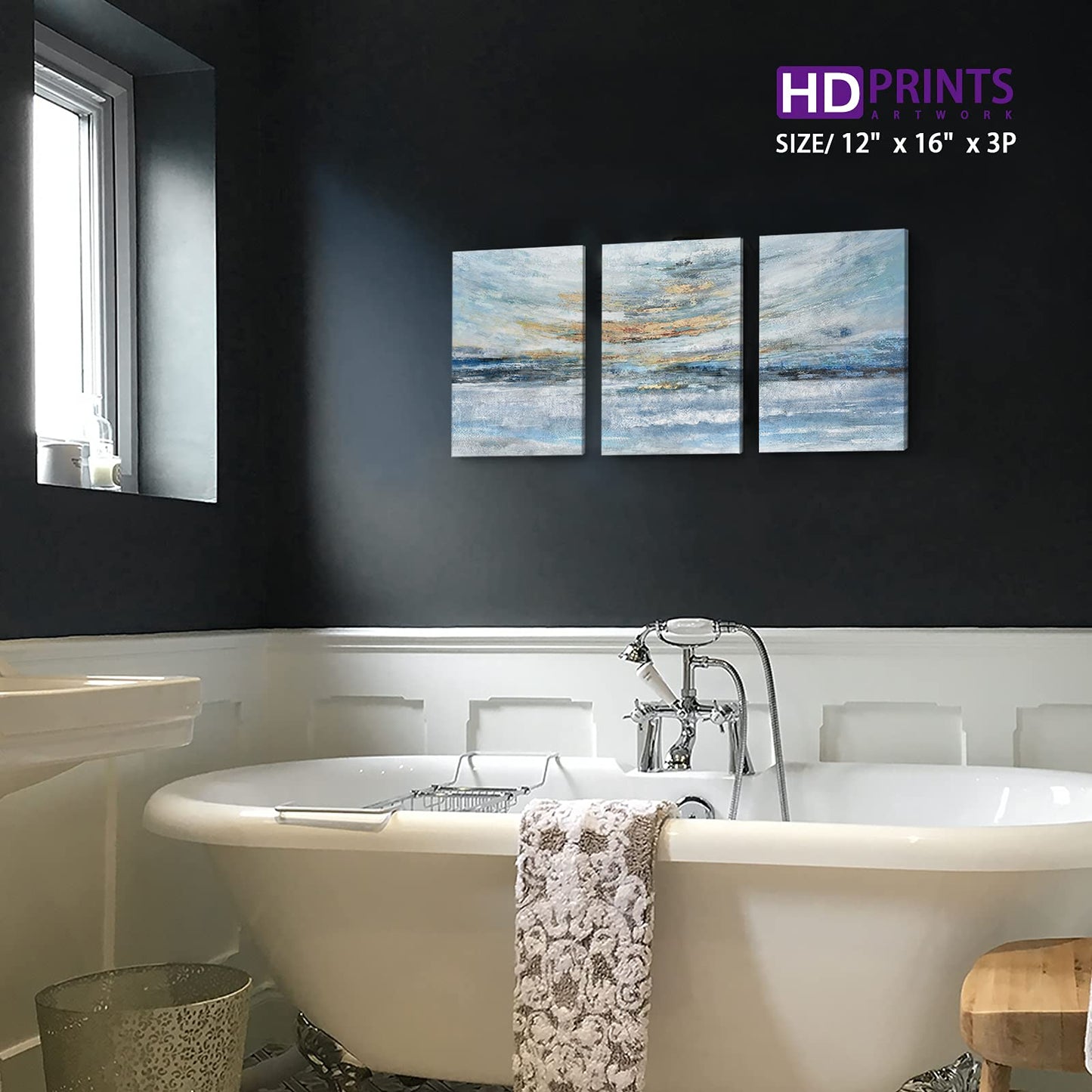 Abstract Canvas Wall Art for Bedroom 3 Piece Ocean Painting Coastal Theme Artwork Blue and Yellow Sunset & Sunrise on the Beach Seascape Picture for Bathroom Living Room Light 12x16inchx3 panel