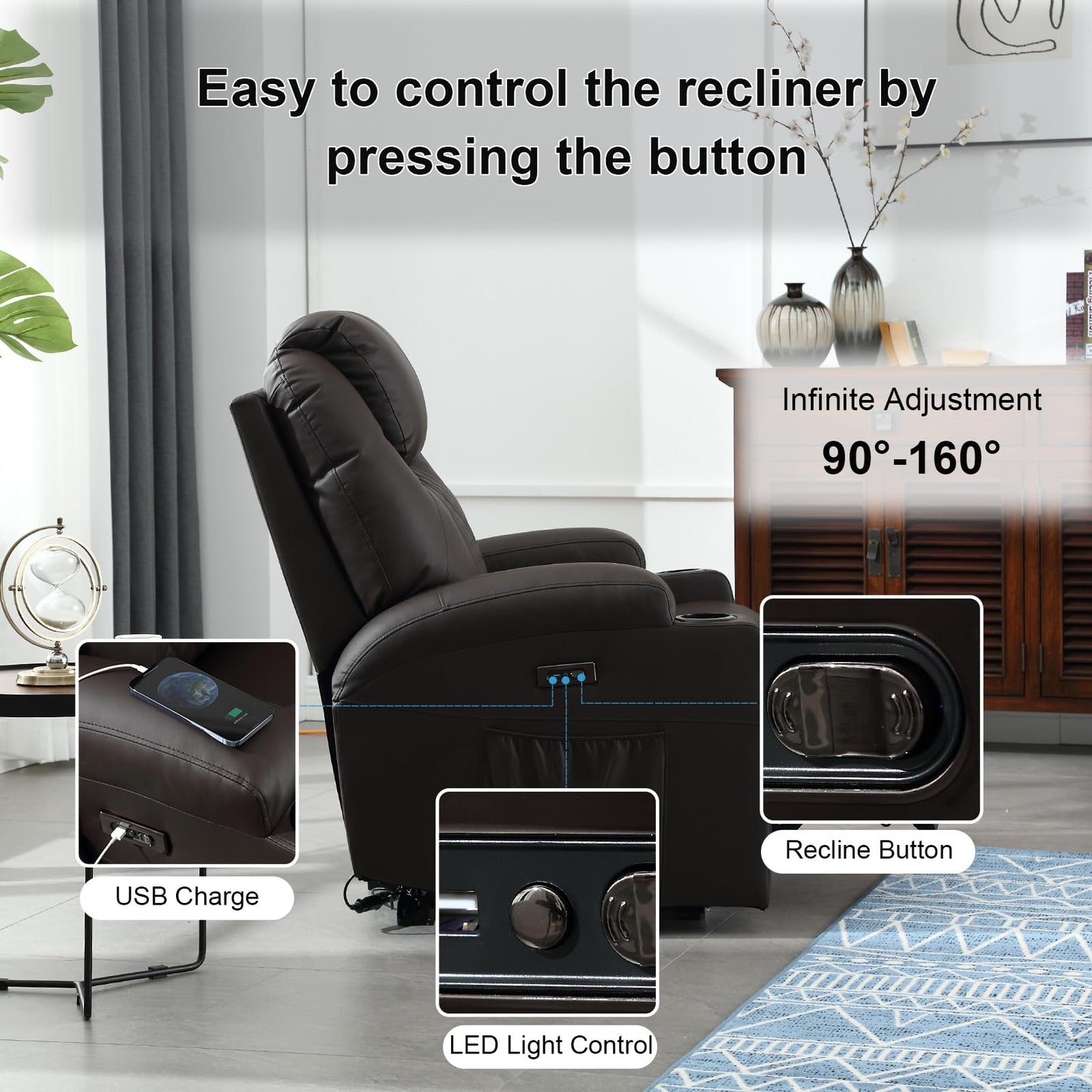 IBTKIG Power Recliner Chair with Heat and Massage, PU Leather Home Theater Seating with LED Lights/Cup Holders/Side Pocket/USB Port, Reclining Sofa Chair for Living Room (1, Brown)