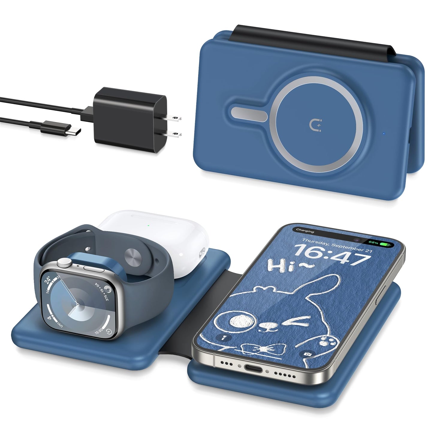 Magnetic Wireless Charger for iPhone: 3 in 1 Travel Charging Station for Apple Devices for iPhone 16 15 14 13 12 Pro Max Plus - Foldable Charging Pad for Apple Watch Series & Airpods 4 3 2 Pro