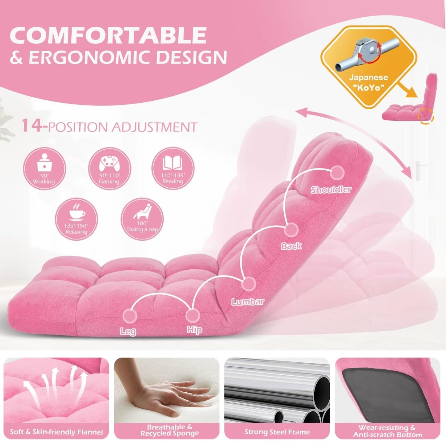 Avocahom Folding Floor Gaming Chair 14-Poistion Cushioned Adjustable Floor Lazy Sofa Chair w/Breathable Cotton & Skin-Friendly Coral Velve for Adults & Kids Perfect for Reading Gaming Meditating, Pink