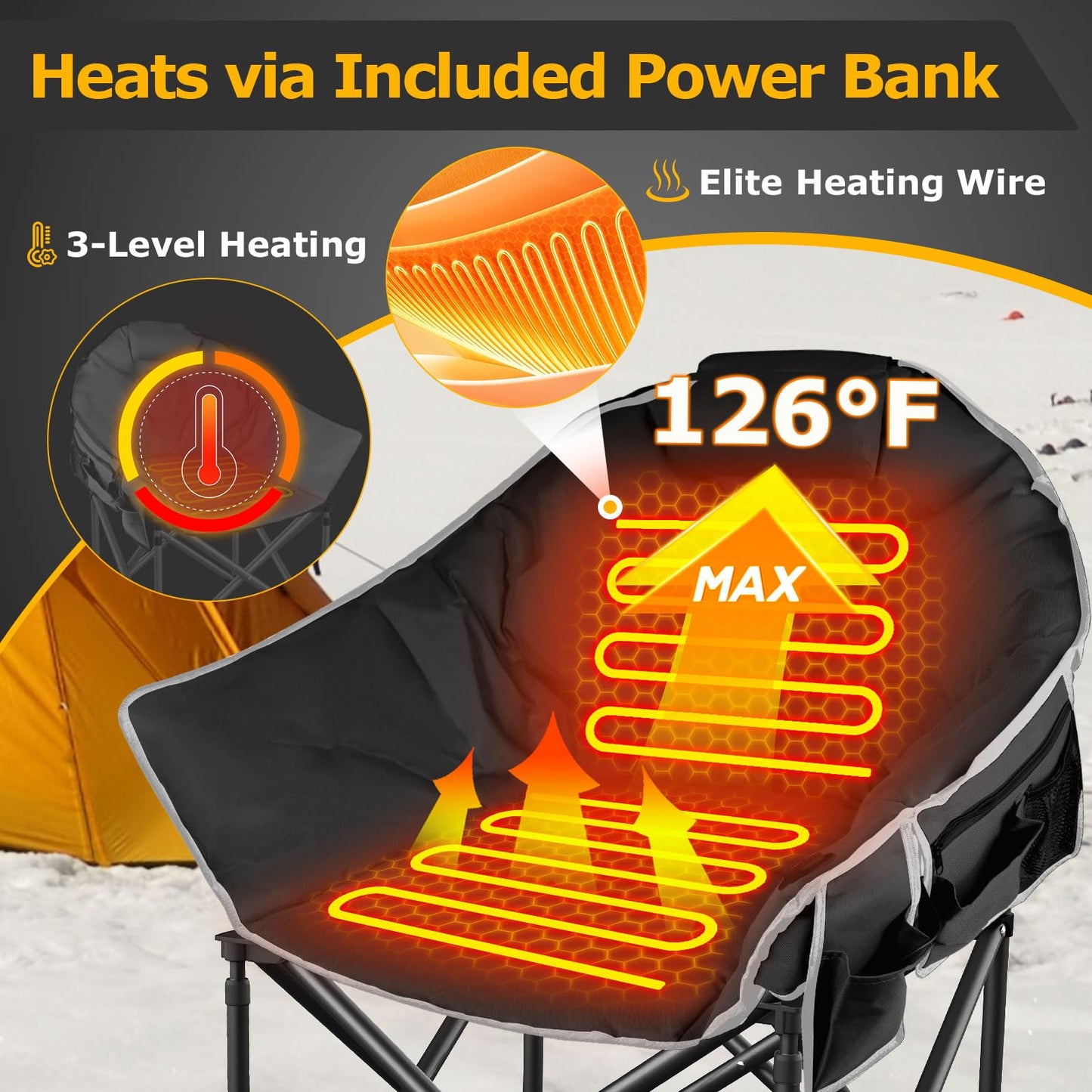 ZENPETIO Heated Camping Chair, Oversized Heated Chair for Adults Outdoor Sports, Dual Heating Zones with 3 Levels, Portable Folding Heated Chairs for Camp, Sports, Lawn with 20000mAh Battery
