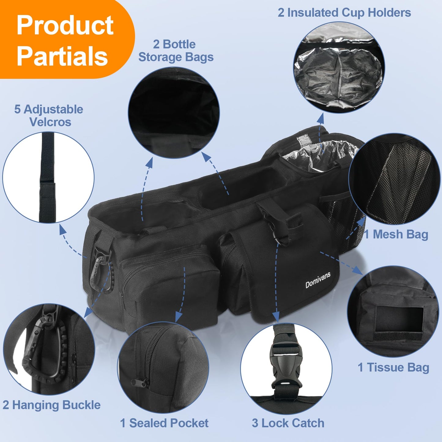 Domivans Double Stroller Organizer,Double Stroller Caddy for Bob Duallie and Baby Jogger City Mini GT2,Extra Large Double Baby Stroller Accessories with Cup Holder,Black(Empty Bag)