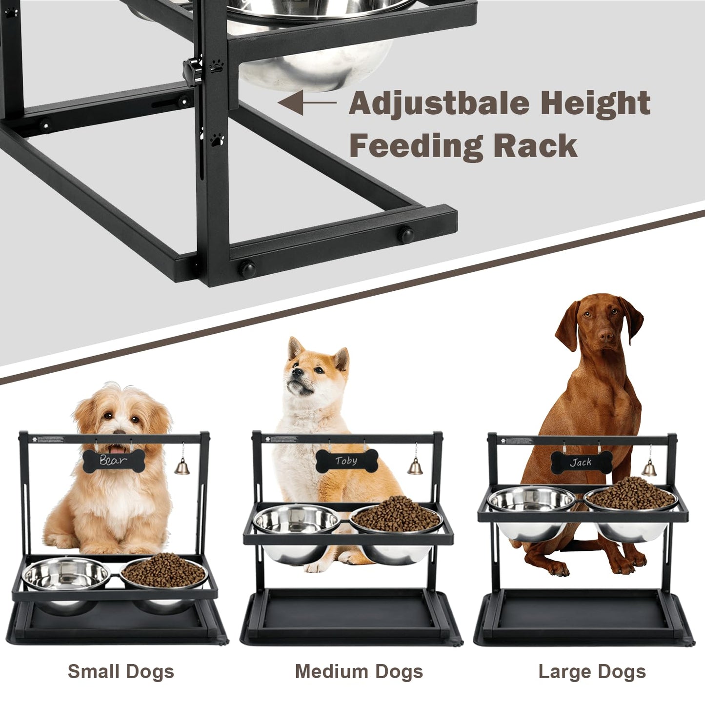 Elevated Slow Feeder Bowls for Large Dogs - Adjustable Height, 2 Stainless Steel Bowls, Spill-Proof Mat - Great for Medium Dogs Too (Black)