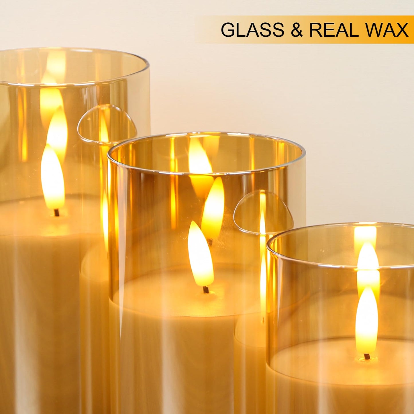 GenSwin Rechargeable LED Flameless Flickering Glass Candles with Remote Timer, Battery Operated Pillar Candles Long Lasting Gold Real Wax USB Candle (D 3”×H 4”5”6”)