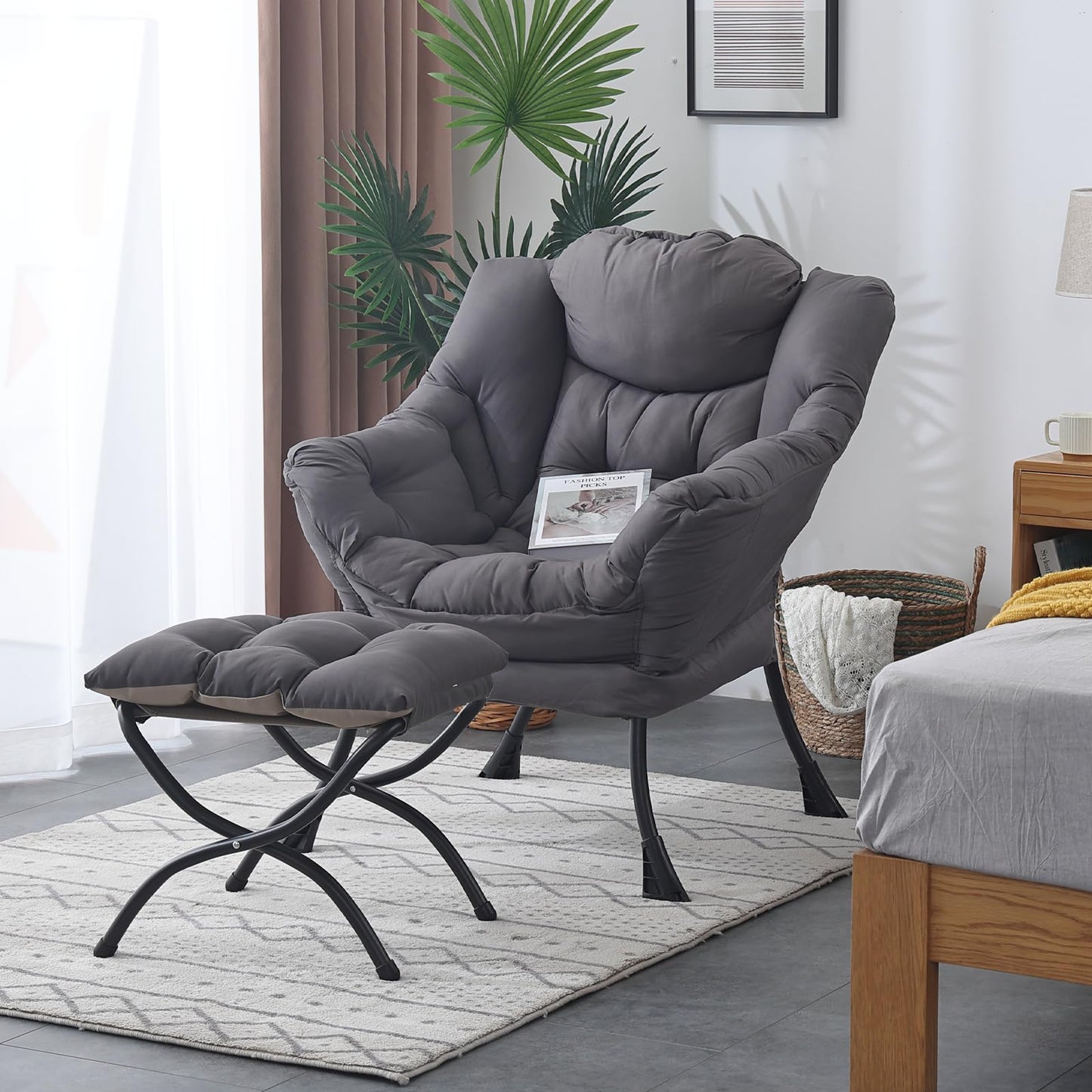 Welnow Lazy Chair with Ottoman, Modern Lounge Accent Chair with Armrests and a Side Pocket, Leisure Sofa Armchair, Reading Armchair with Footrest for Small Space, Dark Grey