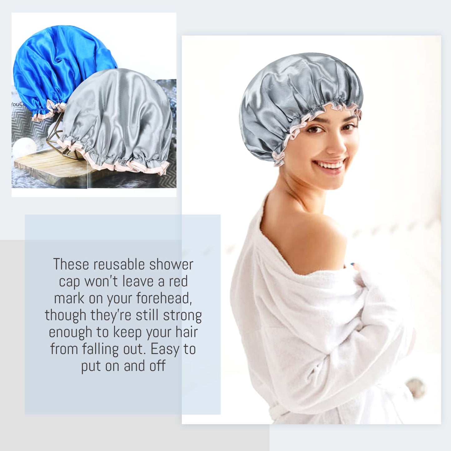 Lawie 4 PACK Double Layer Waterproof Reusable Satin Shower Caps with Adjustable Bath Hair Caps Stretchy PEVA Bathing Hats Bonnets Curly Long Braids Hair for Women Girls (pack 1 of solid colors)