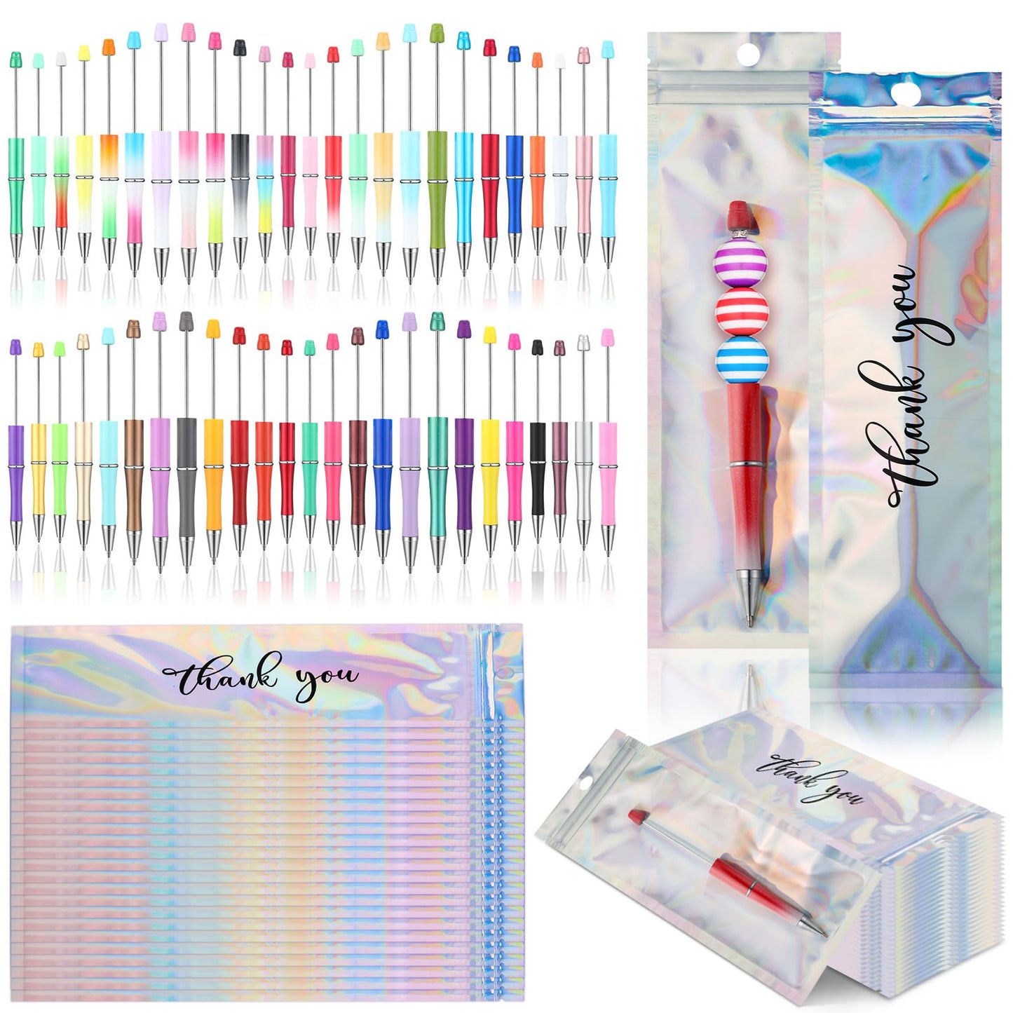 Jetec 150 Pcs DIY Beadable Pens Kit 50 Plastic Beadable Pens Bulk 50 Refills with 50 Pen Bags Beaded Ballpoint Pens Black Ink for Students Teacher School Office Supplies (Vivid Colors,Stylish Style)