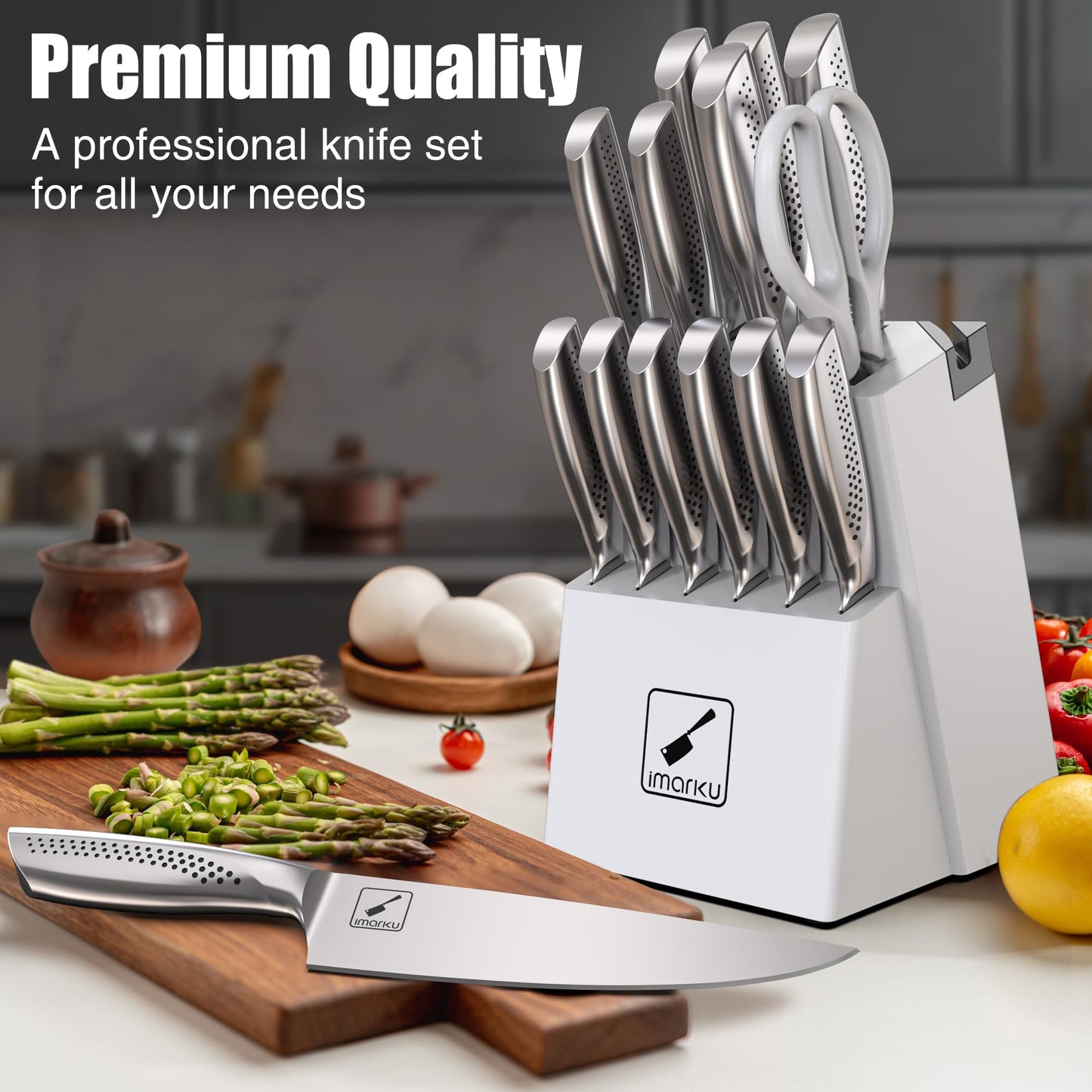 imarku Knife Set, Japanese HC Stainless Steel 15 PCS Kitchen Knife Set With Block With Built-in Sharpener, Razor-Sharp Blade Knife Block Set With Dotted Ergomomic Handle, Best Birthday Gifts, White