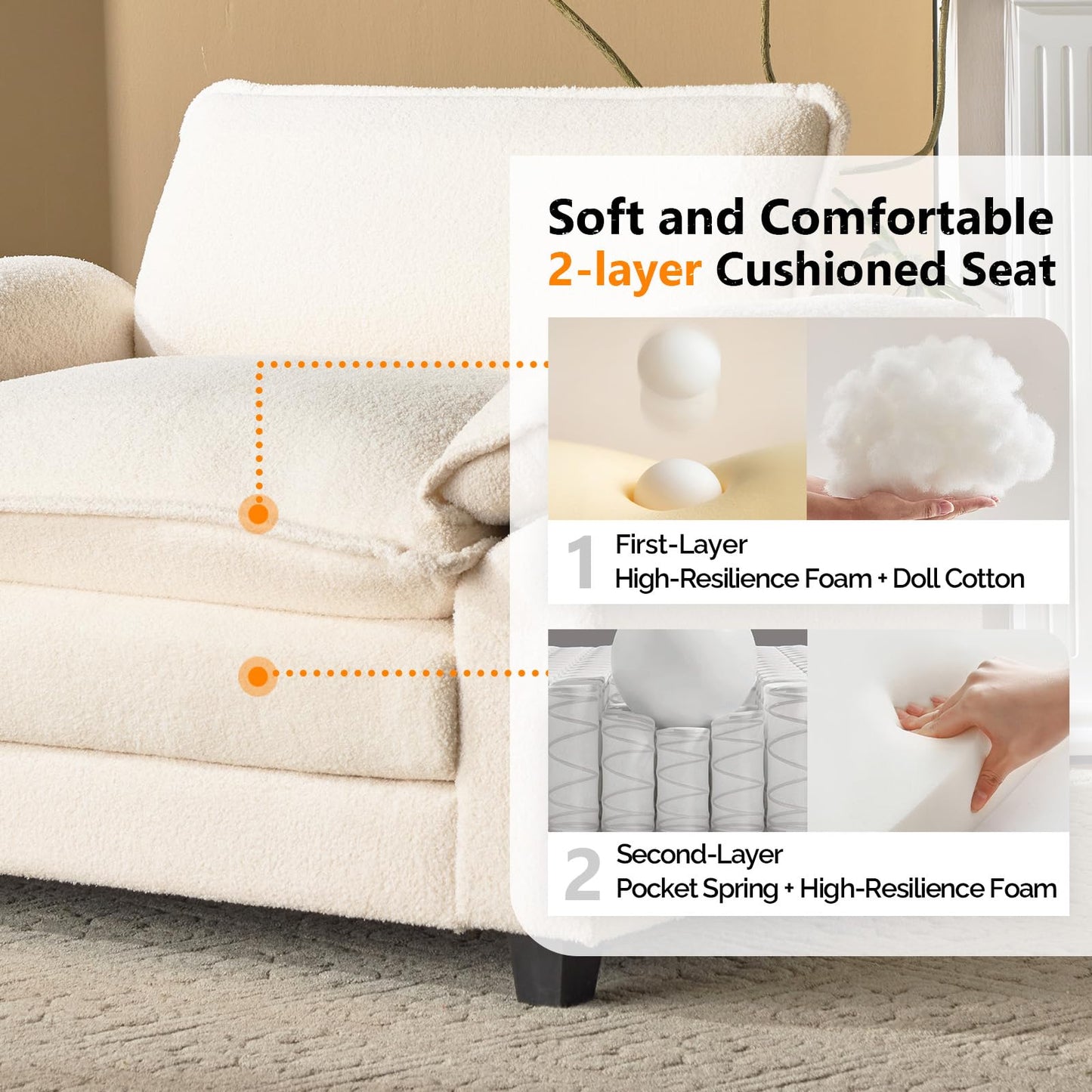 VINGLI Oversized Sofa Chair and a Half with Deep Seat & Movable 2-Layer Ottoman Set, Comfy Cloud Sofa Bed with Chaise, 1-Seater Modular Sectional Sleeper Couch for Living Room, Teddy-Fleece, Beige