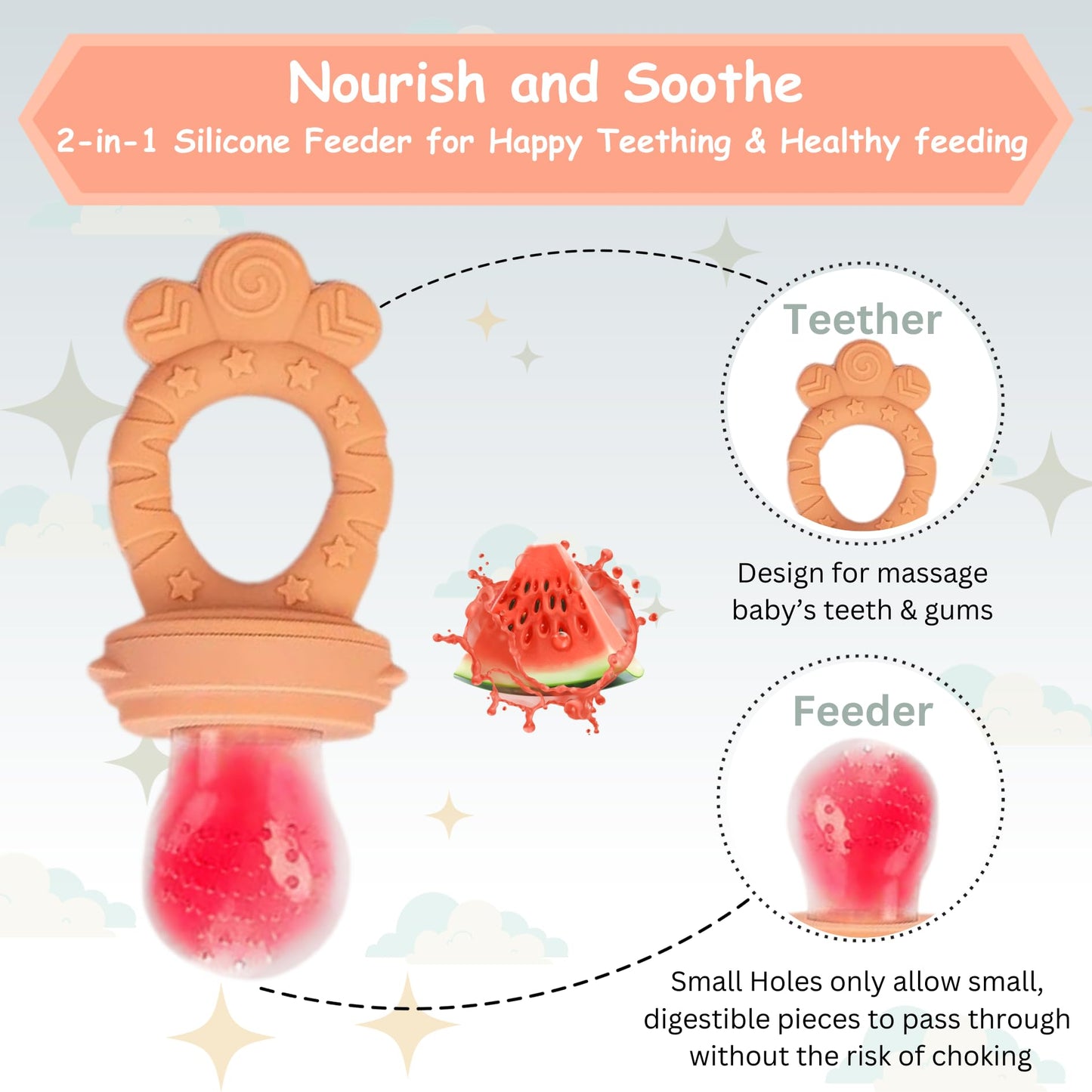 Minie Joo Baby Fruit Feeder Pacifier – 7-in-1 Silicone Teether Toy & Food Feeder with Spoon, Fork, and Interchangeable Heads – BPA-Free, Anti-Choke, Self-Feeding Set for Infants & Toddlers