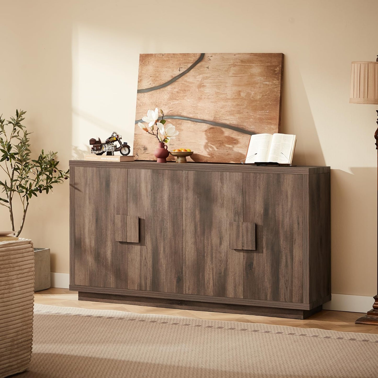 Lefurture 63 Inch Long Buffet Cabinet with Storage, Farmhouse Woodgrain Sideboard Modern Credenza with Doors & Shelves, Mid Century Coffee Bar Wine Bar Storage Cabinet for Living Room, Hallway