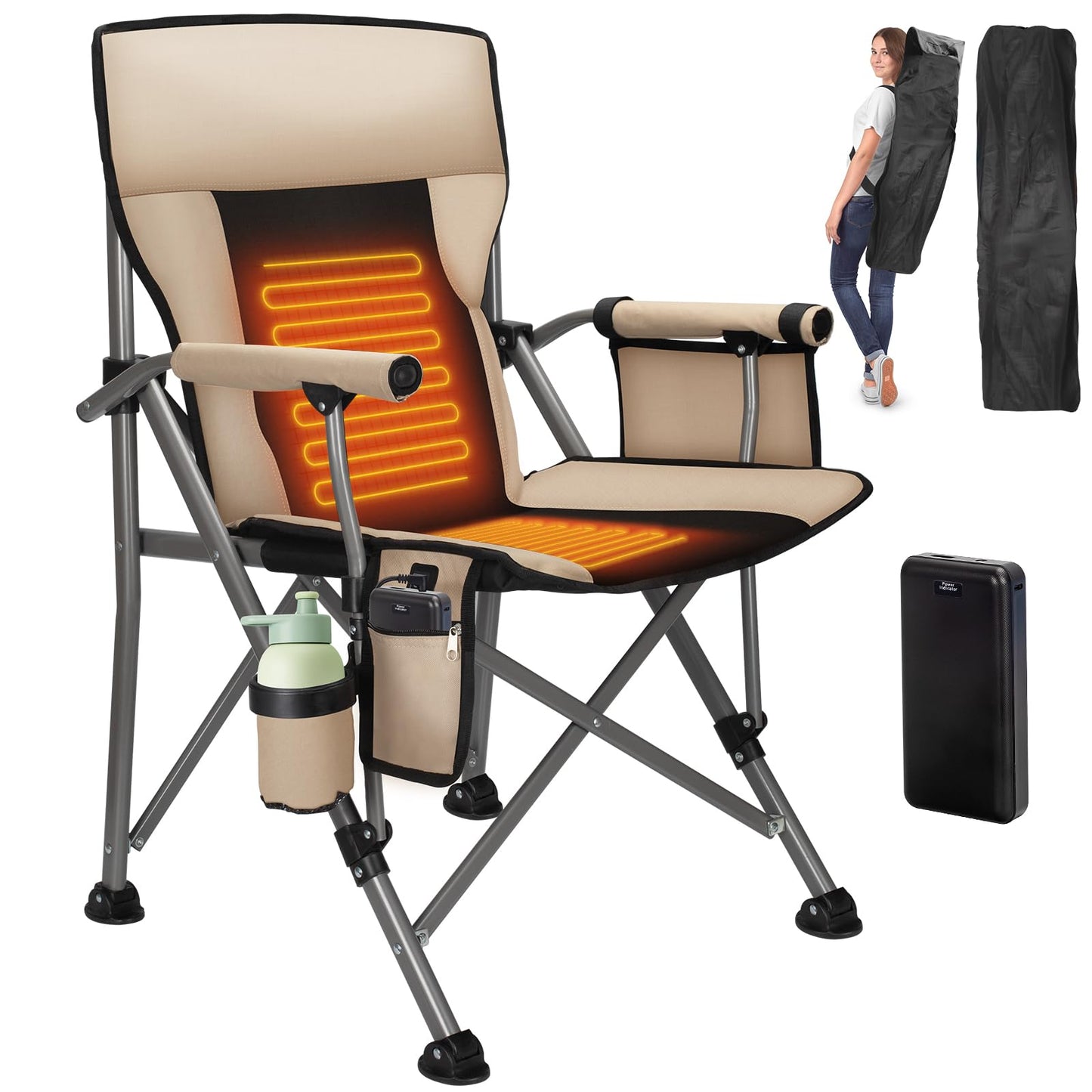 QUYUAN Heated Camping Chair with 20,000 mAh Battery, Fully Padded Heated Camp Chairs, Loog-Lasting for 500 Mins, Heavy Duty Folding Chairs Supports 500 lbs for Camping, Outdoor Sports, Picnics, Beach