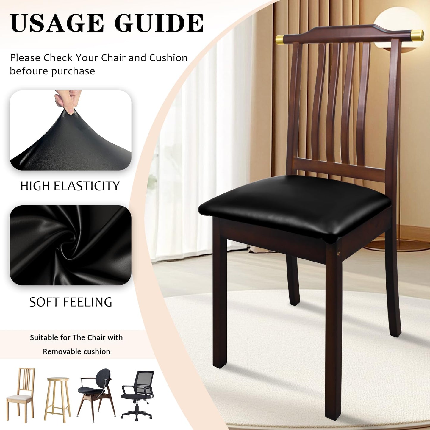 Lufyzora Pu Leather Dining Chair Seat Covers Set of 4, Waterproof Dining Seat Covers Stretch Chair Covers for Dining Chairs/Kitchen Room/Hotel, Odorless Seat Covers for Kitchen Chairs (Black - 4 PCS)