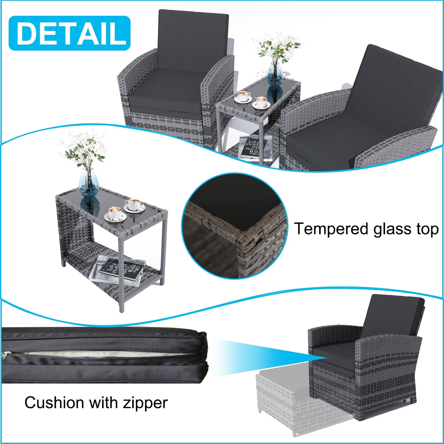 CIRMUBUY 5 Piece Outdoor Patio Furniture Set, Wicker Patio Conversation Set, Outdoor Lounge Chair with Ottomans and Coffee Table for Balcony Lawn Garden (Grey)