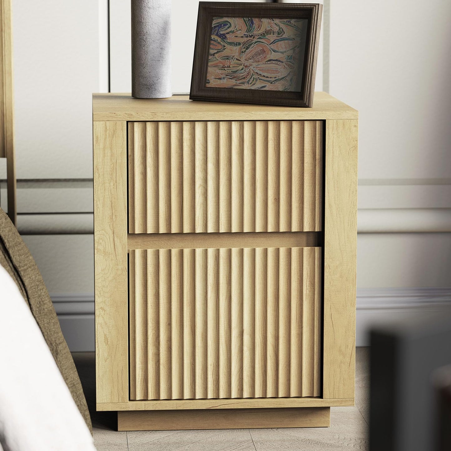 Modern Nightstand with USB Charging Ports, Wavy Bedside Table for Bedroom, Wood End Table Storage Cabinet for Living Room Sofa Office (Double Drawer)