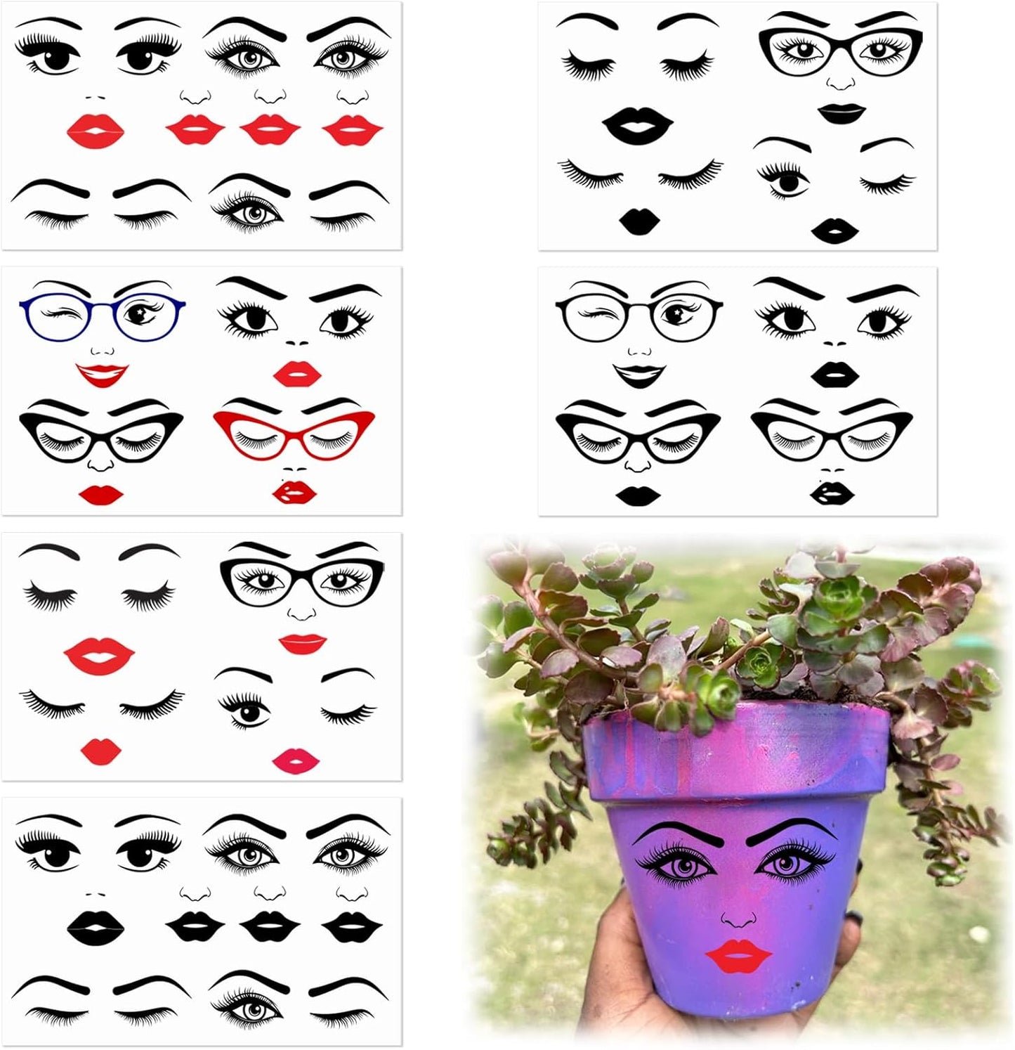 Face Stickers for Crafts Lips Mouth Eyes Eyebrows Nose Decals Make a Face Stickers for Holiday Party Supplies DIY Crafts Flower Pots Decoration(face6)