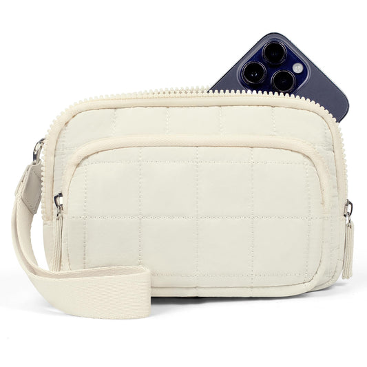 VONAL Wristlet Wallets for Women, Quilted Wristlet Purse, Nylon Wallet Purse with 3 Zipper, Credit Card Holder with RFID Blocking Cell Phone Organizer, Puffer Womens Wristlet Wallets, Beige