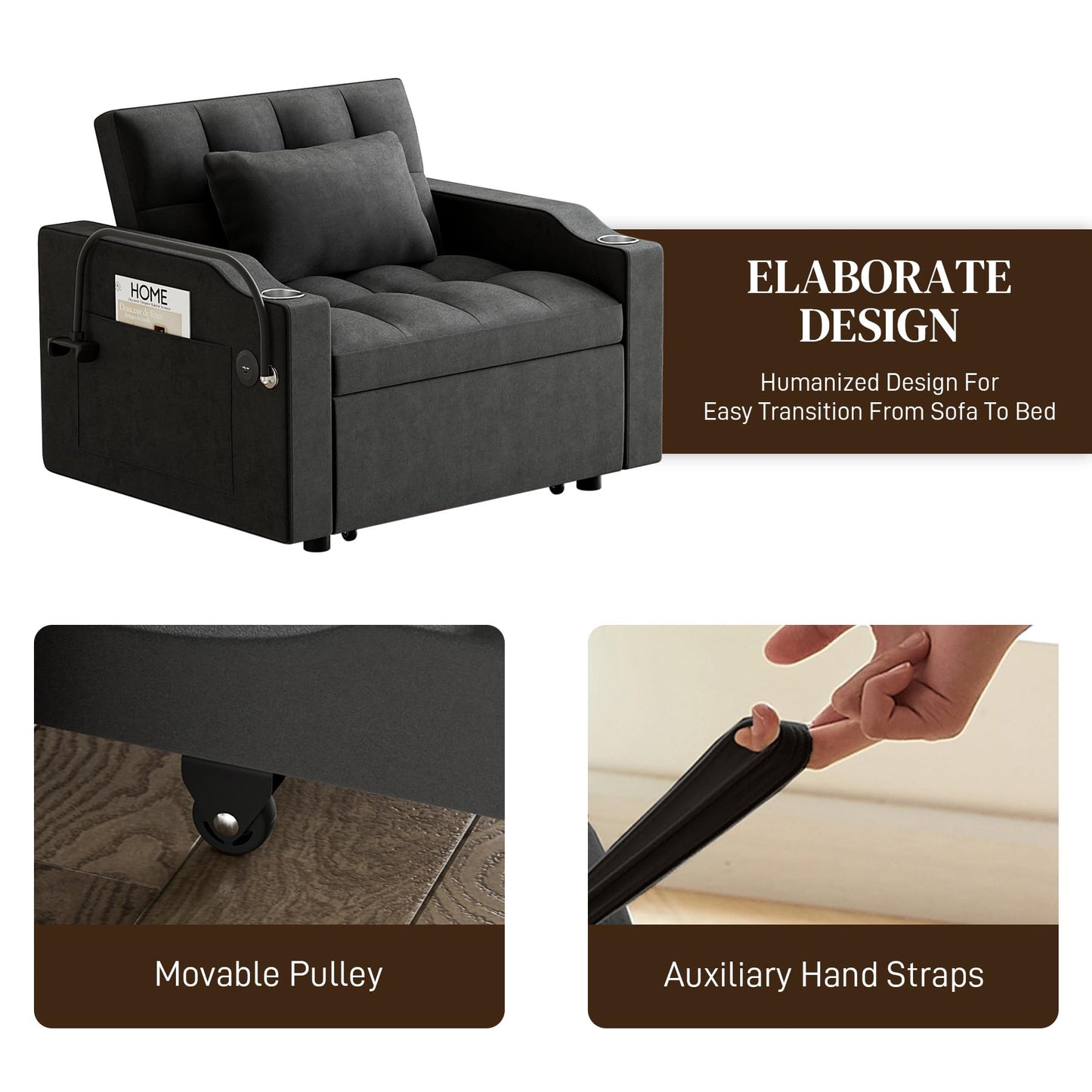 Wrofly 3 in 1 Single Sleeper Sofa Chair with Pullout Bed, Convertible Pull Out Couch with Adjustable Backrest, Modern Chaise Lounge with USB Port for Living Room, Small Spaces, Black Velvet