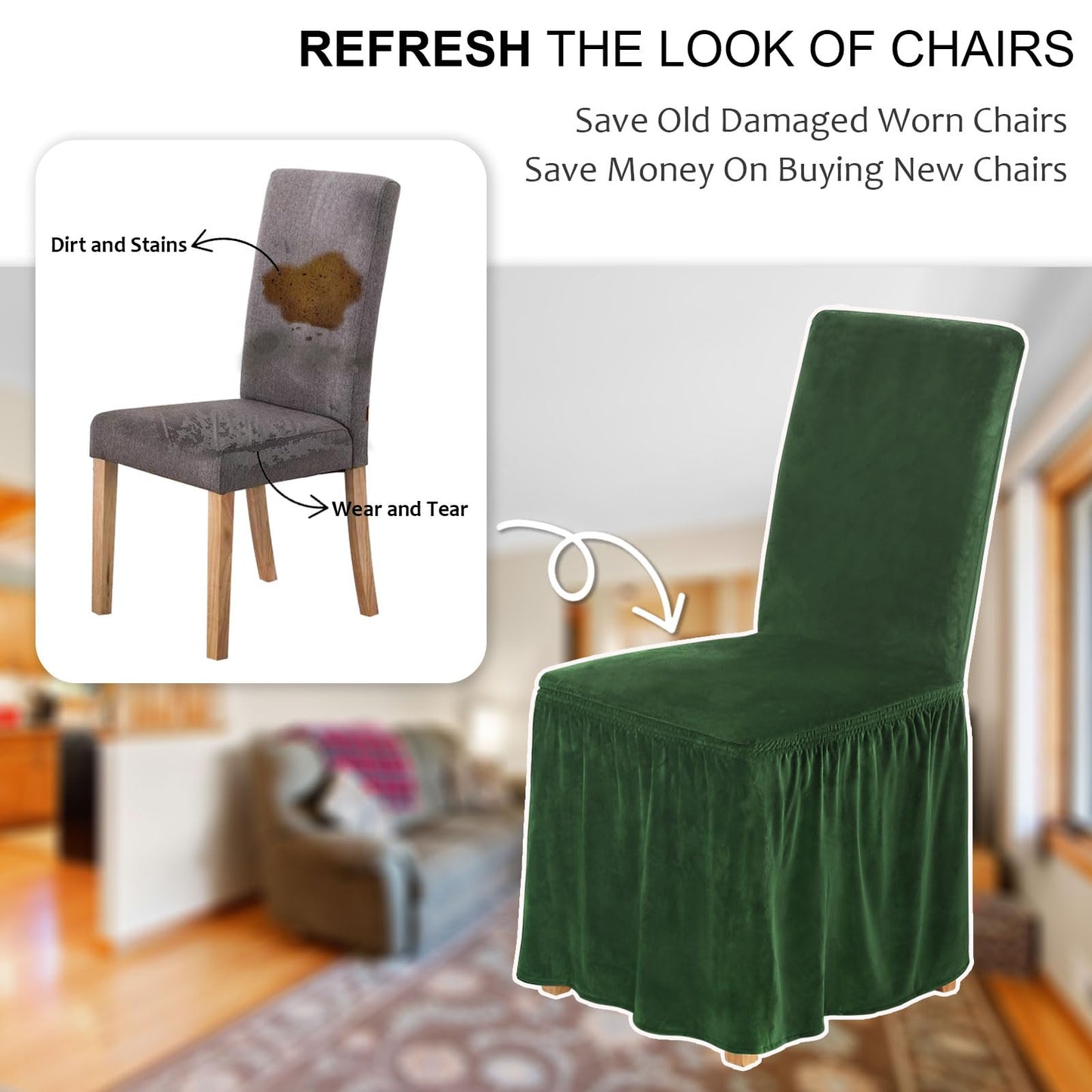 NICEEC Spandex Chair Covers for Dining Chairs Covers Set of 6 Removable Dining Room Chair Covers with Skirt Parson Chair Slipcovers Washable Chair Protector for Kitchen Wedding Party Banquet(Green)