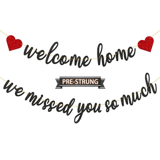Gifloon Pre-Strung Welcome Home We Missed You So Much Banner for Military Army Returning, Homecoming Party Decorations, Black